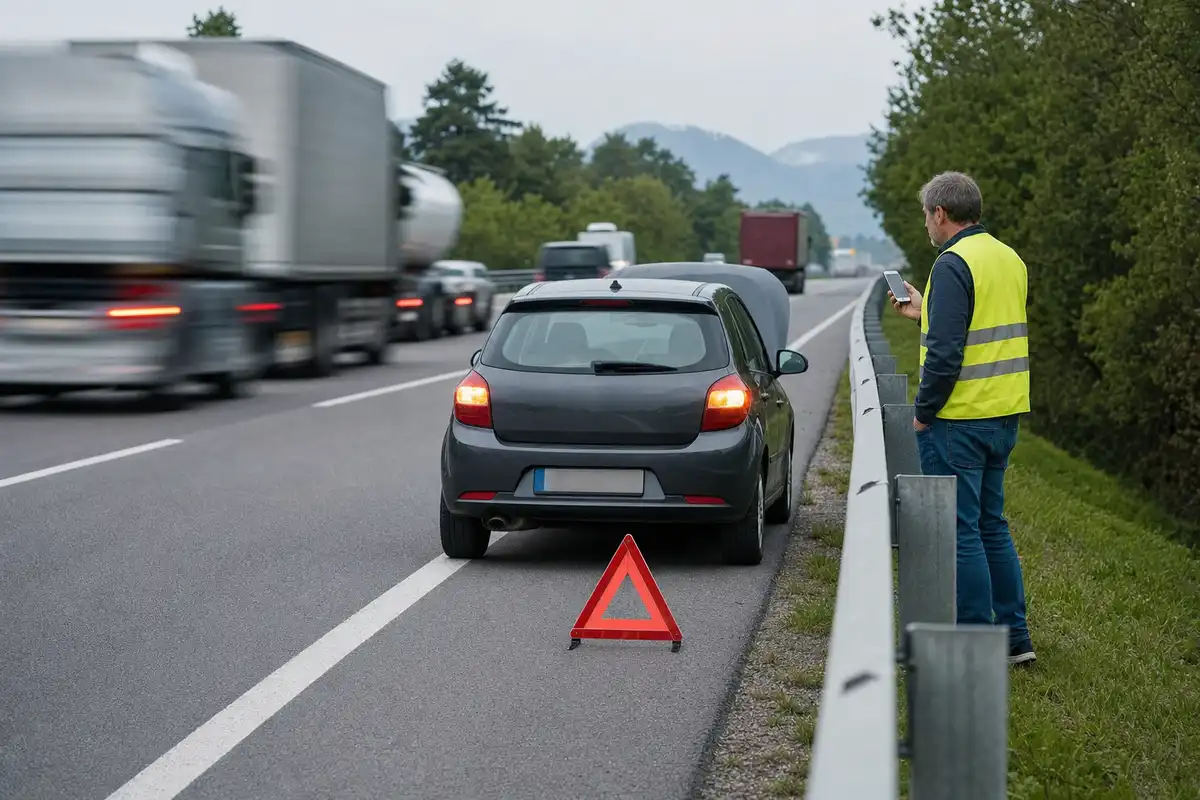 Auto in panne sulla corsia d’emergenza con triangolo di sicurezza e uomo con gilet riflettente al guardrail che usa lo