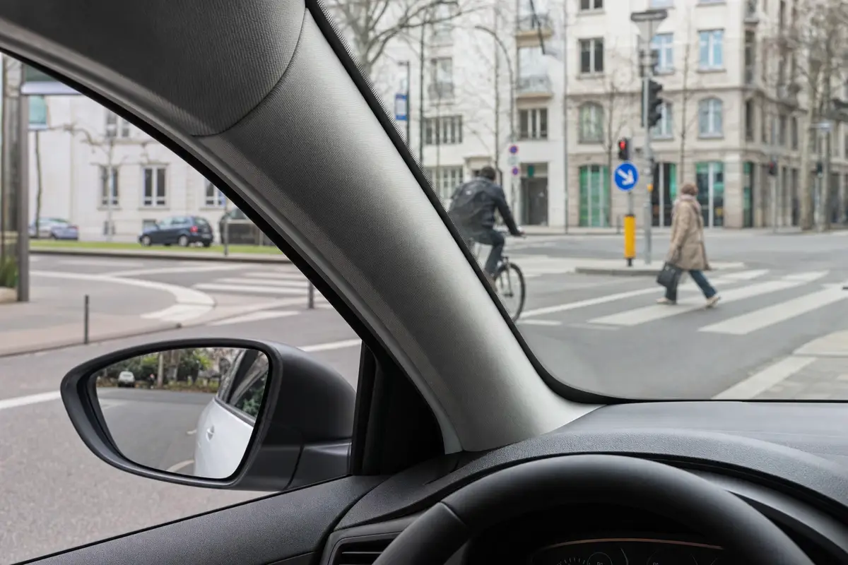 Vista dal posto guida: montante A largo che parzialmente copre un ciclista e un pedone sulle strisce