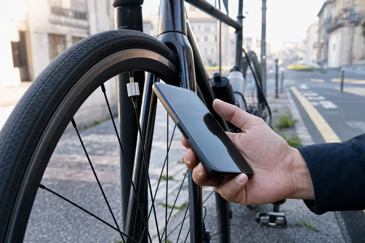 Smartphone vicino alla valvola di una ruota di bicicletta con piccolo sensore metallico per controllare la pressione