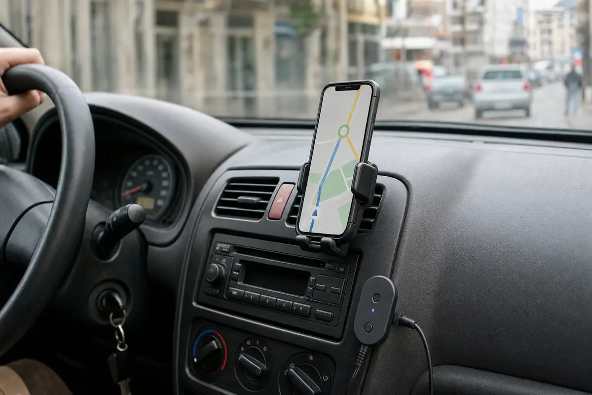 Smartphone con navigazione su supporto alla bocchetta in un’auto più vecchia, con adattatore Bluetooth collegato