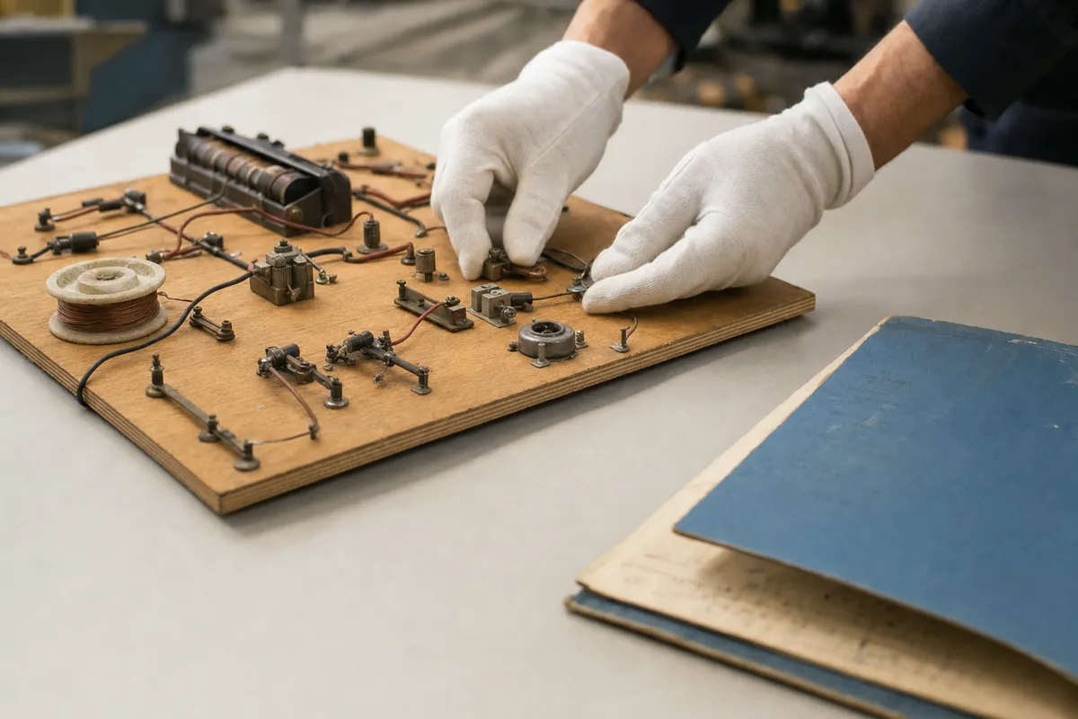 Mani con guanti bianchi regolano un vecchio pannello di circuiti elettronici su legno, con cartellina blu sul tavolo