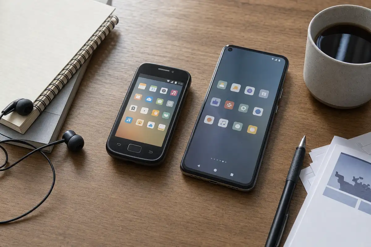 Due smartphone Android, uno vecchio e uno moderno, su scrivania con cuffie con filo, taccuino e tazza di caffè