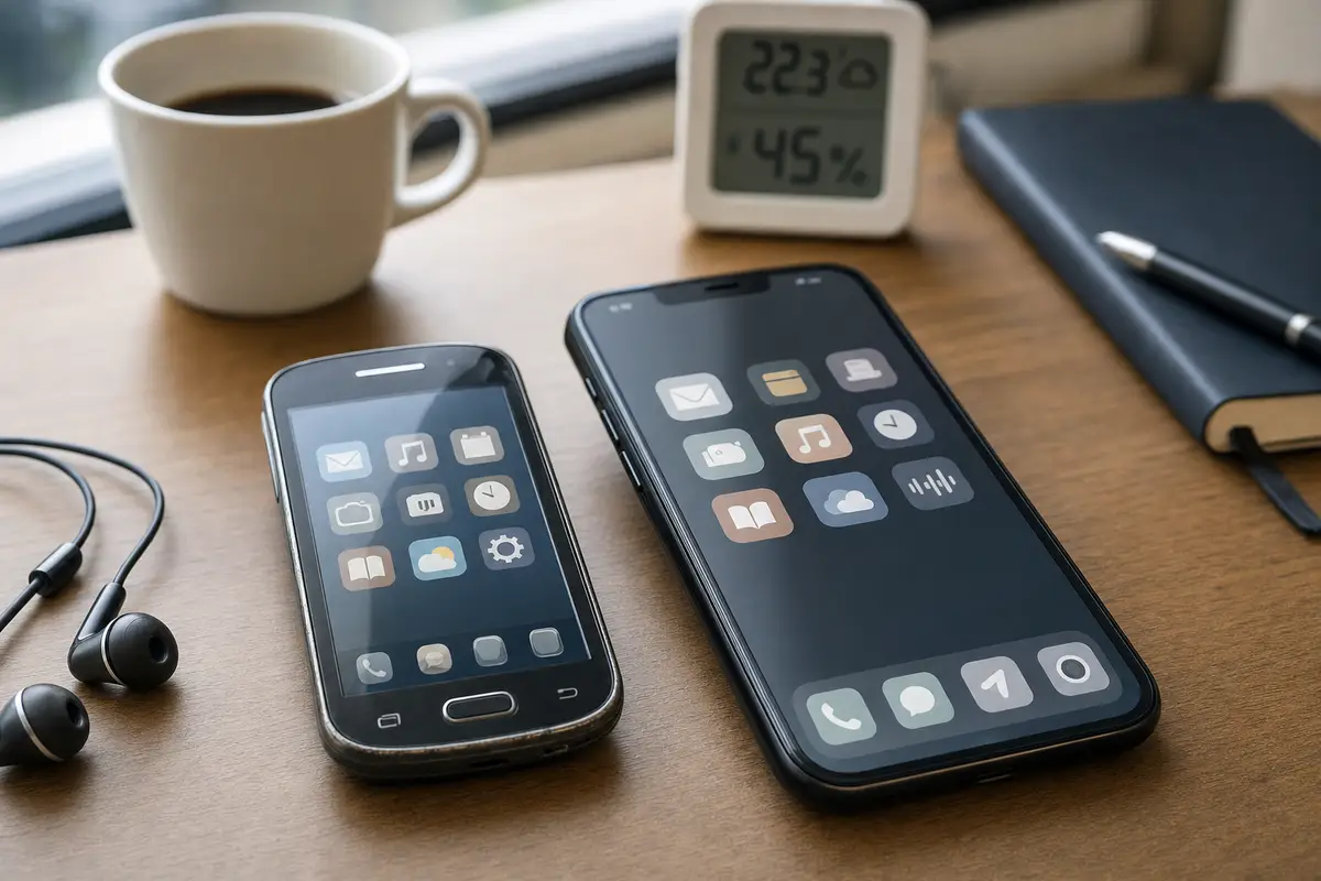 Due smartphone, uno vecchio e uno moderno, su scrivania in legno con auricolari, tazza di caffè e sensore meteo sullo sfondo