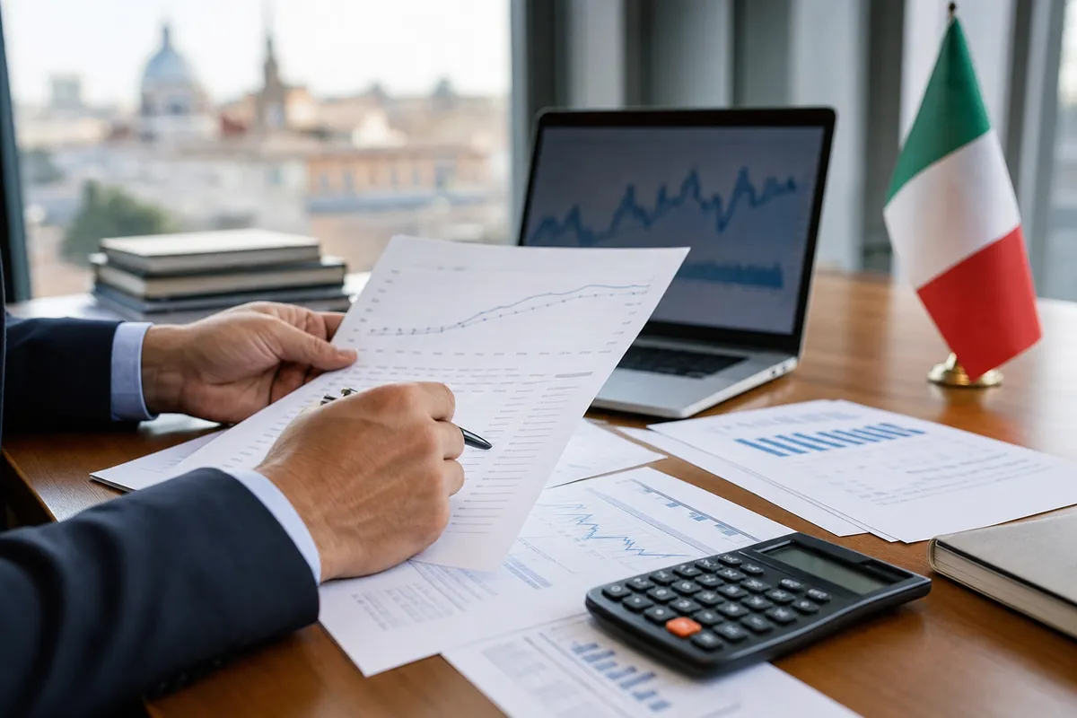 Mani che analizzano grafici finanziari su un tavolo con calcolatrice, laptop sfocato e bandiera italiana sullo sfondo