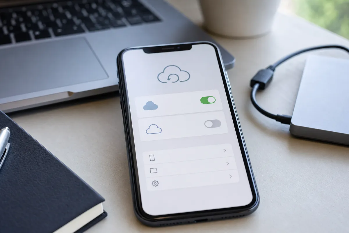 Smartphone su scrivania con interfaccia di backup cloud e interruttori, accanto a laptop e cavo di archiviazione