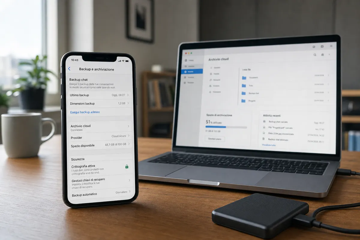 Smartphone con schermata “Backup e archiviazione†accanto a laptop con archivio cloud su una scrivania