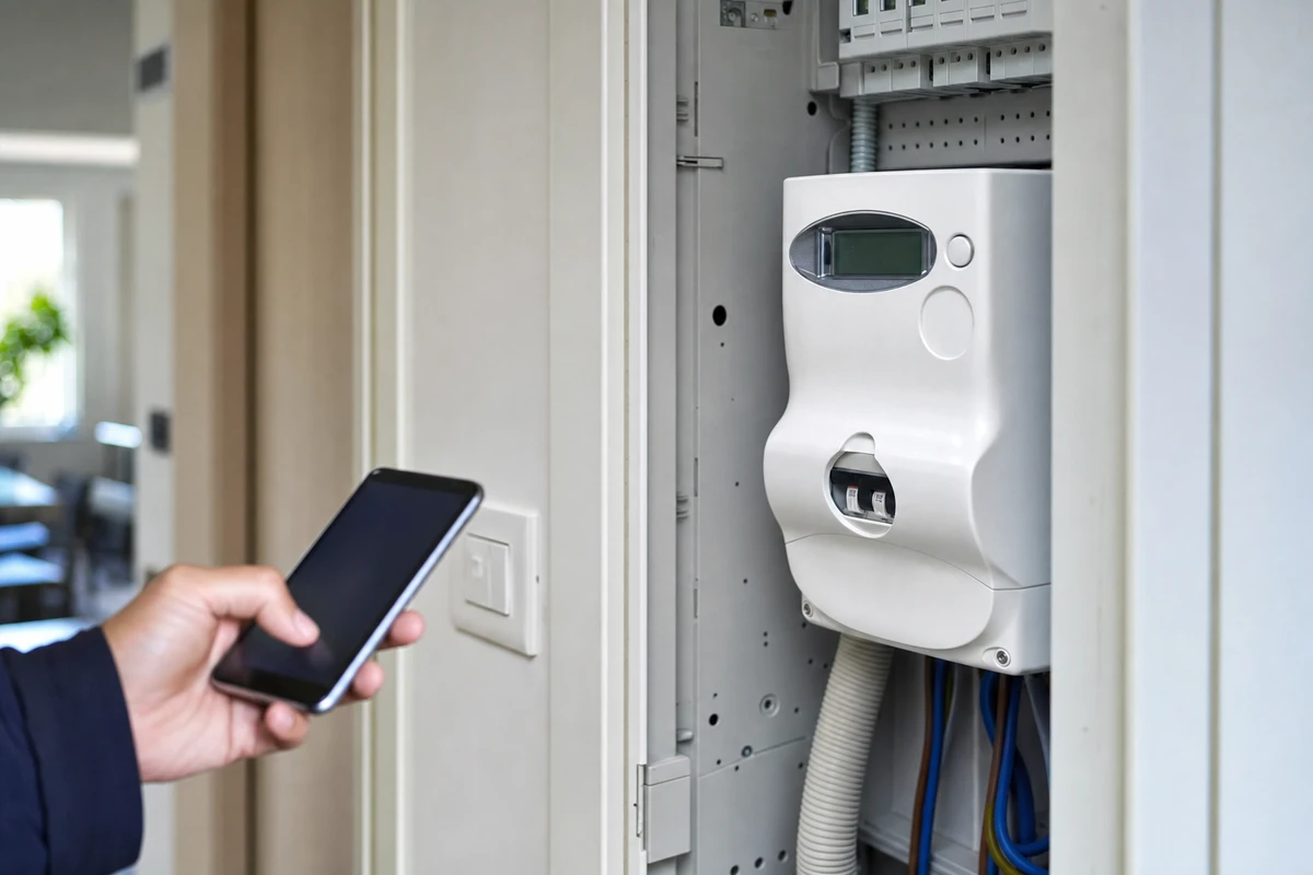 Contatore elettrico intelligente in un quadro domestico, con una mano che tiene uno smartphone per il monitoraggio