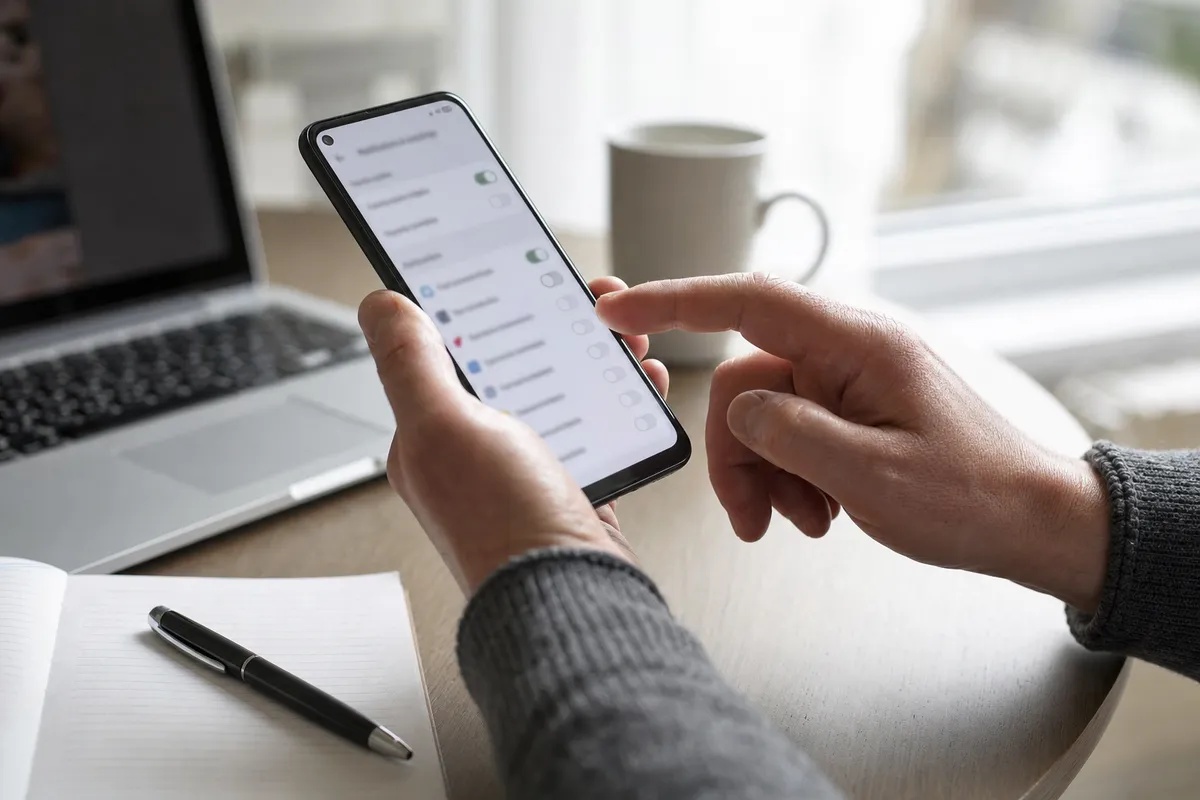 Mani che regolano le impostazioni delle notifiche su uno smartphone, con laptop e tazza sullo sfondo