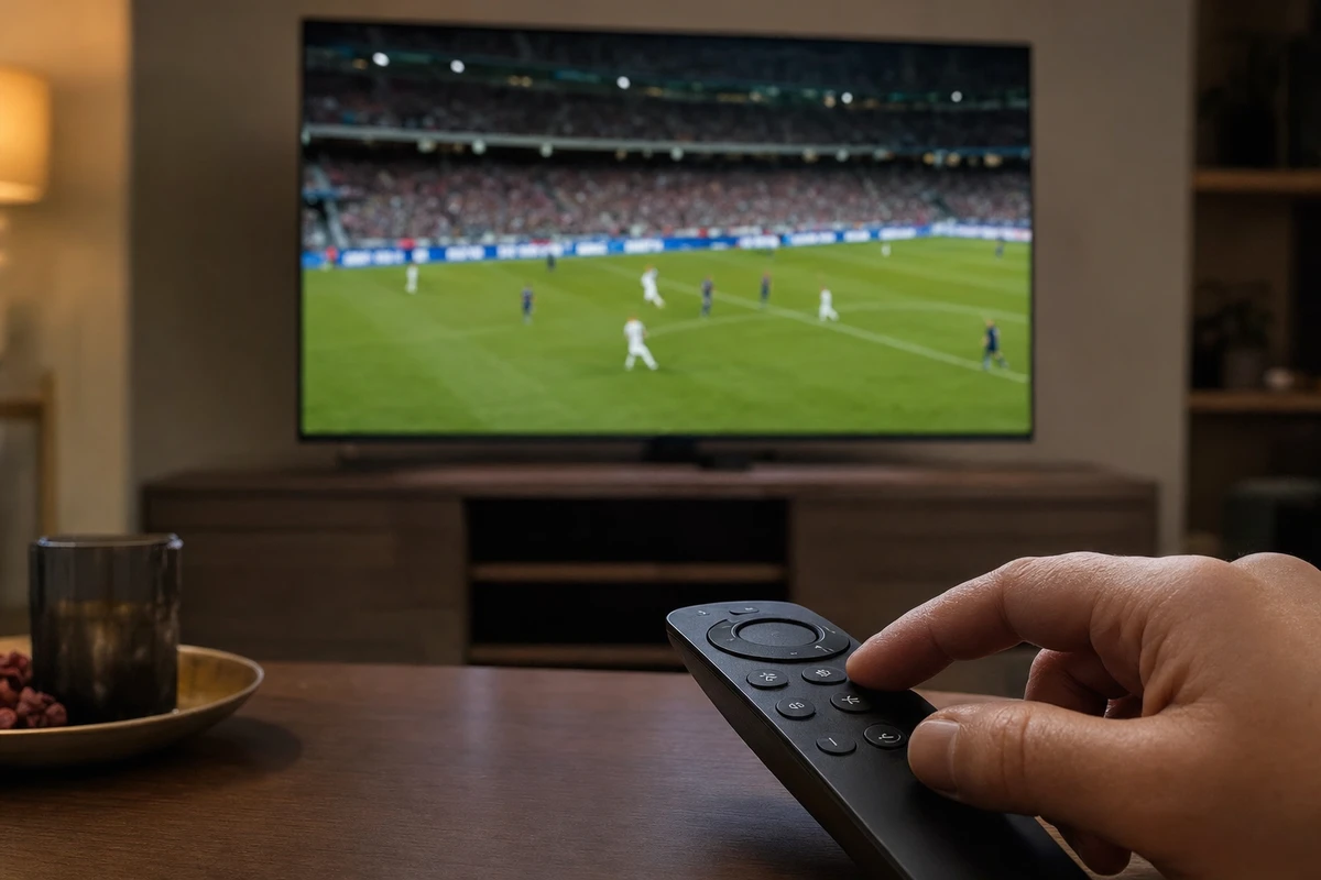 Mano che preme un tasto del telecomando davanti a una smart TV con una partita di calcio sullo sfondo