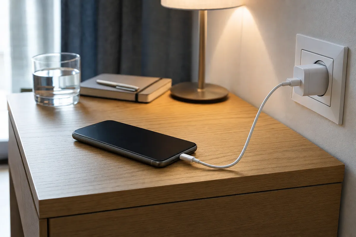 Smartphone in carica con cavo USB-C su comodino in legno, vicino a lampada e bicchiere d’acqua