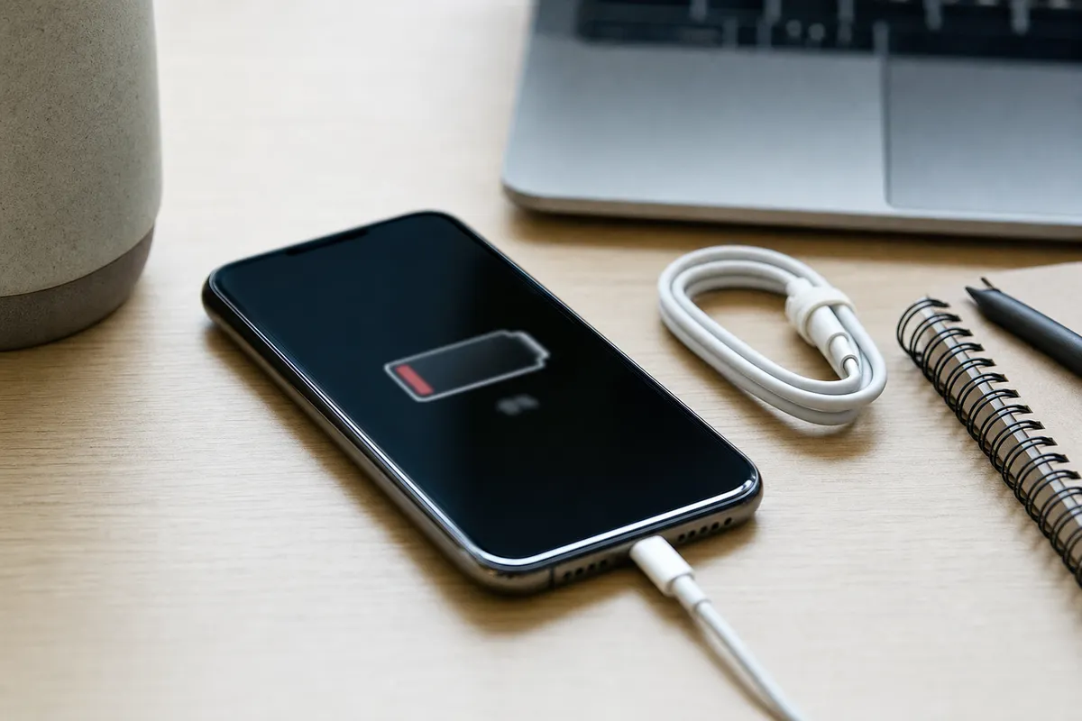 Smartphone in carica su scrivania in legno con icona di batteria quasi scarica, cavo USB e taccuino