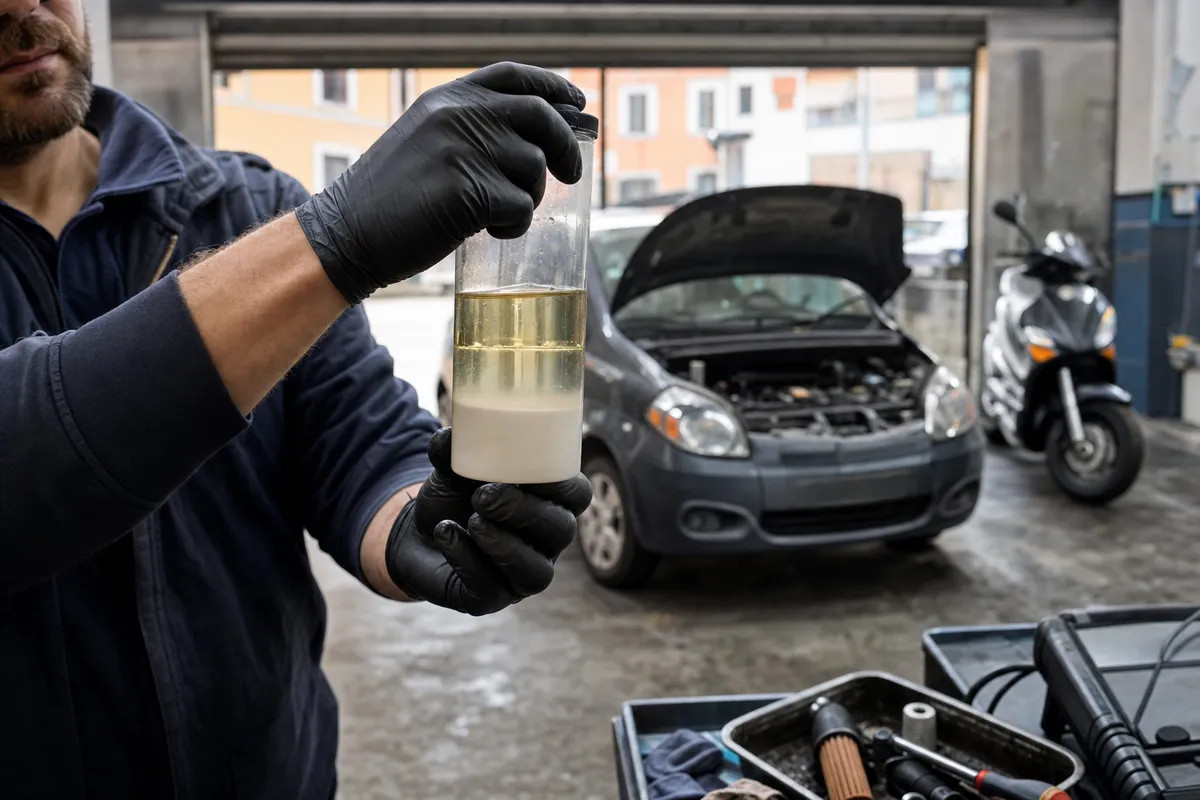 Meccanico con guanti mostra un barattolo con benzina e acqua separate, con auto a cofano aperto e scooter in officina