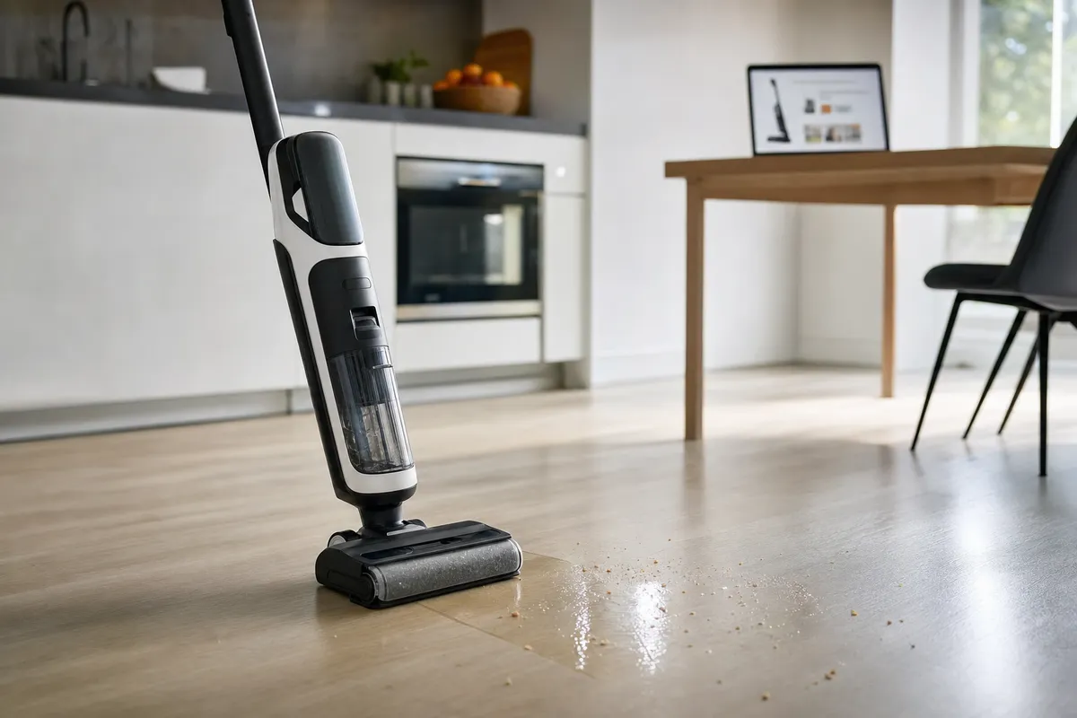 Lavapavimenti senza filo su pavimento chiaro con aloni d’acqua e briciole, cucina moderna sullo sfondo