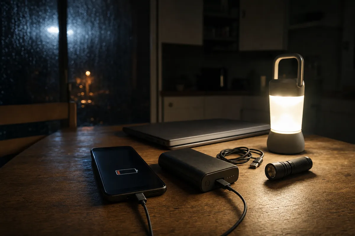 Smartphone con batteria quasi scarica collegato a un power bank su un tavolo, illuminato da una lampada LED