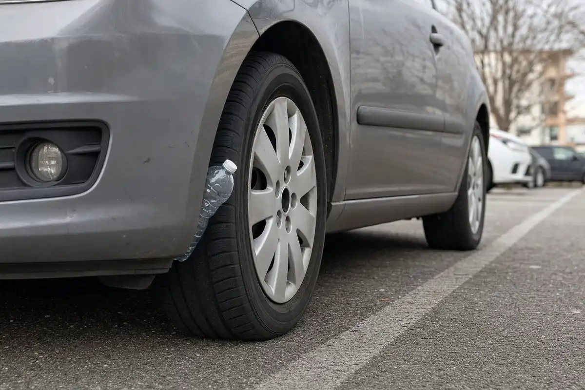 Bottiglia di plastica incastrata vicino alla ruota anteriore di un’auto parcheggiata