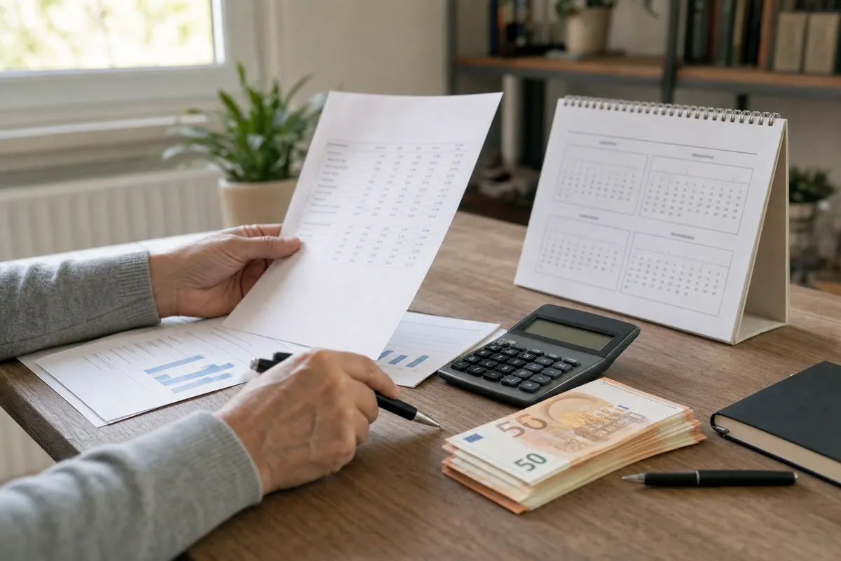 Mani che controllano documenti finanziari con calcolatrice, calendario da tavolo e banconote in euro su una scrivania