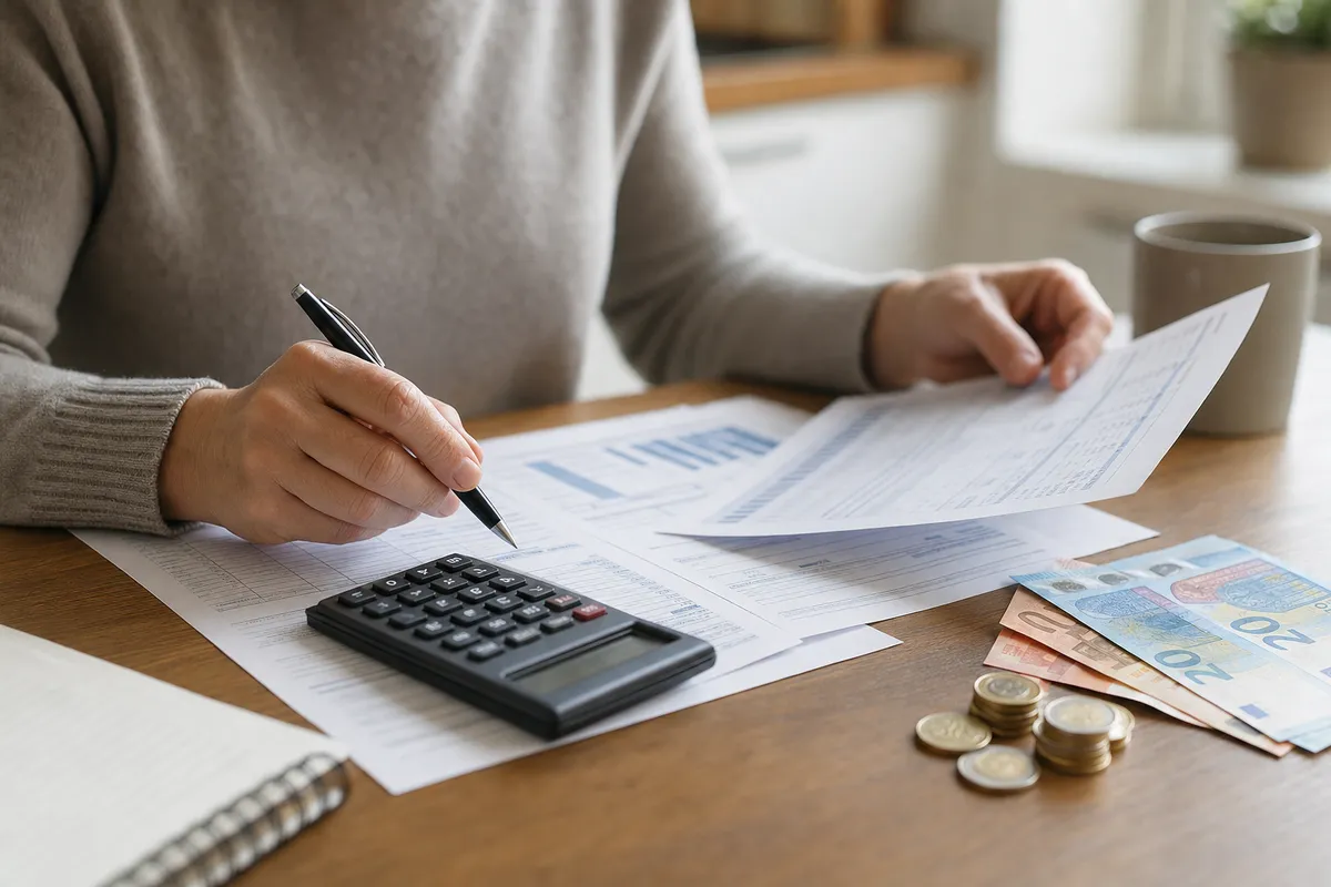 Mani al tavolo con calcolatrice e documenti finanziari, accanto a banconote e monete in euro