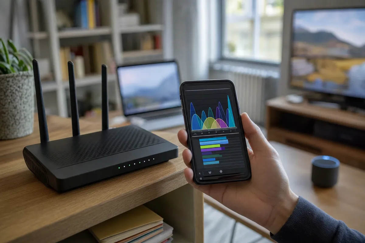 Router Wi‑Fi con tre antenne su un tavolo e smartphone con grafico di analisi dei canali in soggiorno