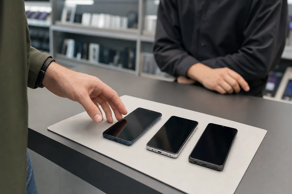 Tre smartphone senza loghi su un banco in negozio, con una mano che li confronta