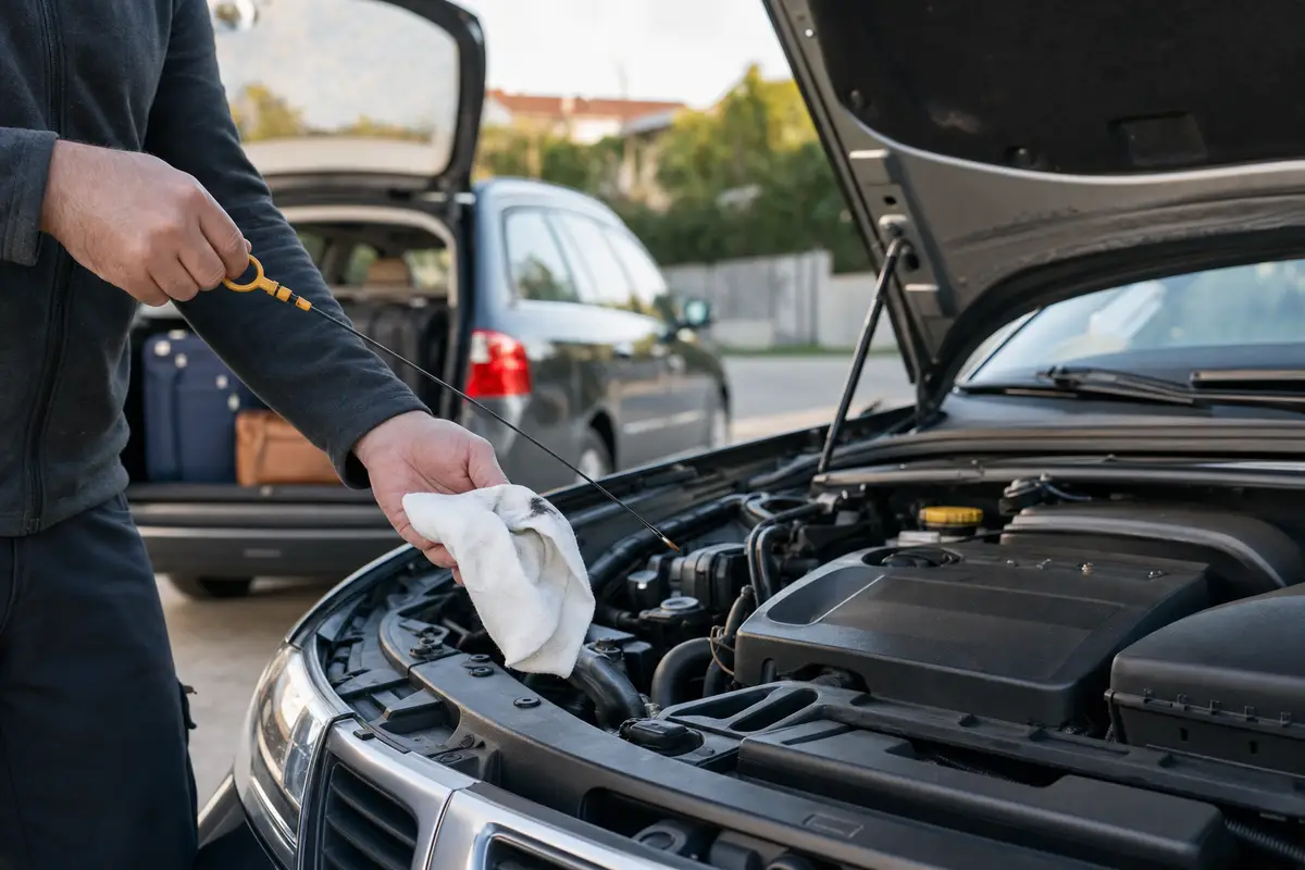 Controllo dell’olio motore con astina sotto il cofano aperto, con valigie nel bagagliaio dell’auto pronta a partire