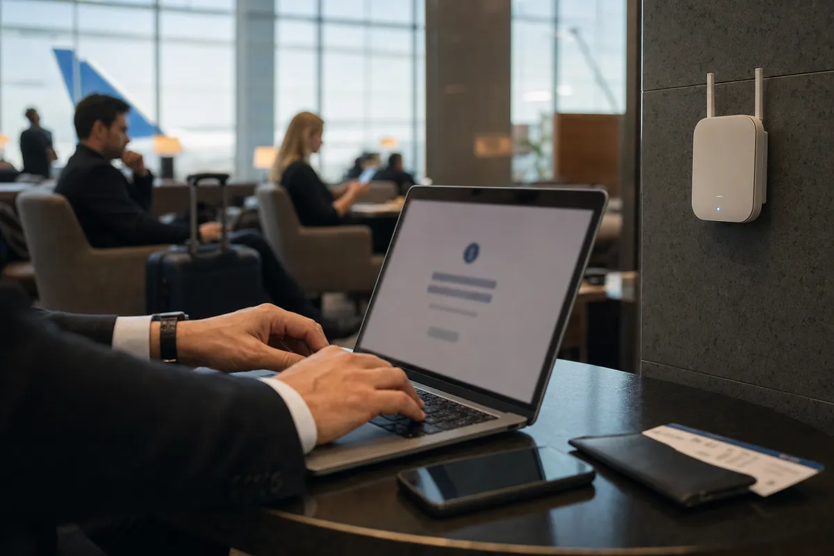 Mani su un laptop in lounge aeroportuale con pagina di accesso sfocata e access point Wi‑Fi a parete