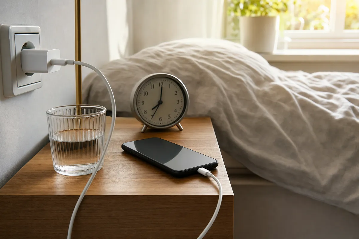 Smartphone in ricarica sul comodino accanto a sveglia analogica e bicchiere d’acqua, con letto sullo sfondo
