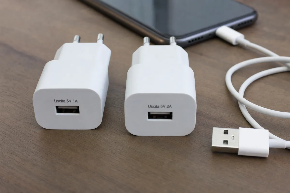 Due caricatori USB da parete bianchi con scritte “Uscita 5V 1A” e “Uscita 5V 2A” su un tavolo, con cavo e smartphone