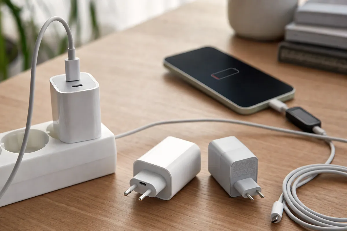 Smartphone in carica via USB-C con più alimentatori su un tavolo e un cavo arrotolato