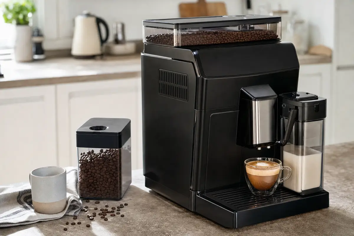 Macchina da caffè superautomatica nera con contenitore chicchi e caraffa latte, cappuccino in tazza sul vassoio