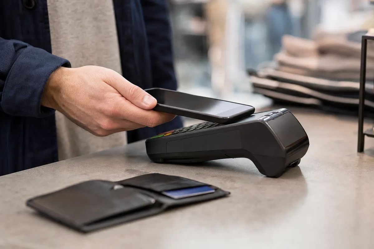 Pagamento contactless in negozio con smartphone vicino al POS, con portafoglio e carta sul bancone