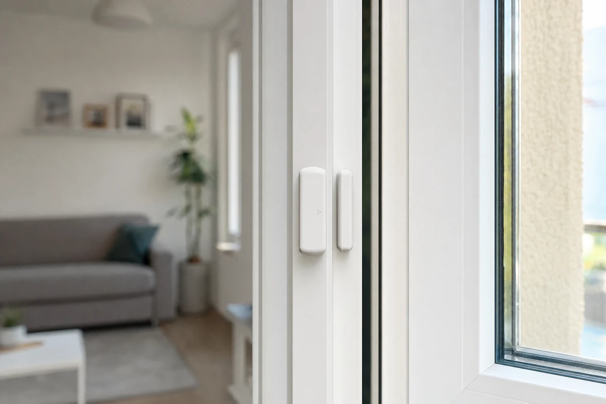 Sensore magnetico bianco su finestra moderna leggermente aperta, con soggiorno sfocato sullo sfondo