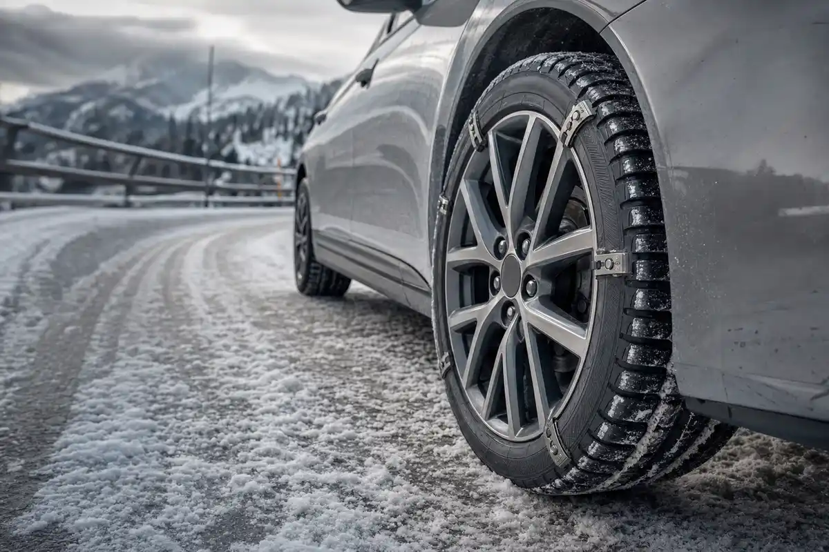 Primo piano di ruota auto su strada innevata con elementi metallici di trazione sullo pneumatico