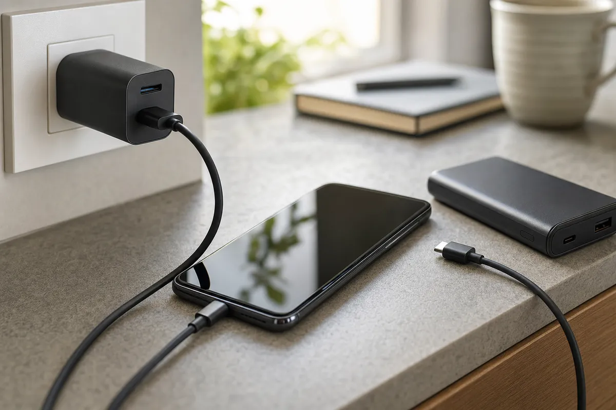 Smartphone in ricarica con cavo USB-C collegato a un caricatore da parete, con powerbank accanto su un piano di lavoro
