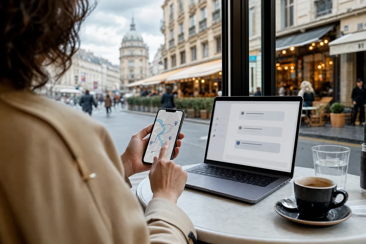 Persona al bar usa uno smartphone con mappa e segnaposti accanto a un laptop con interfaccia di chat, vista su strada