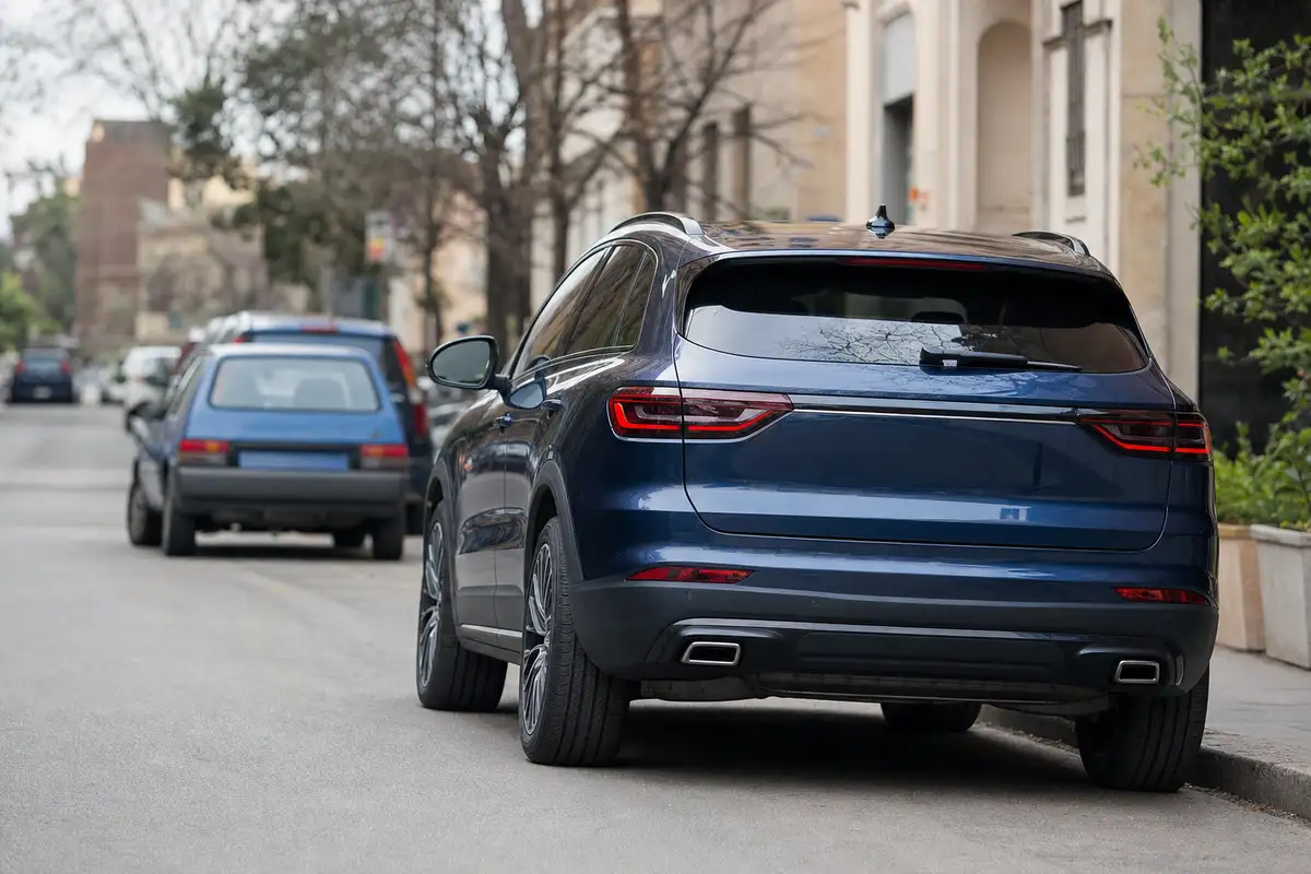 SUV blu metallizzato parcheggiato visto da dietro, con una vecchia utilitaria blu sullo sfondo in strada urbana