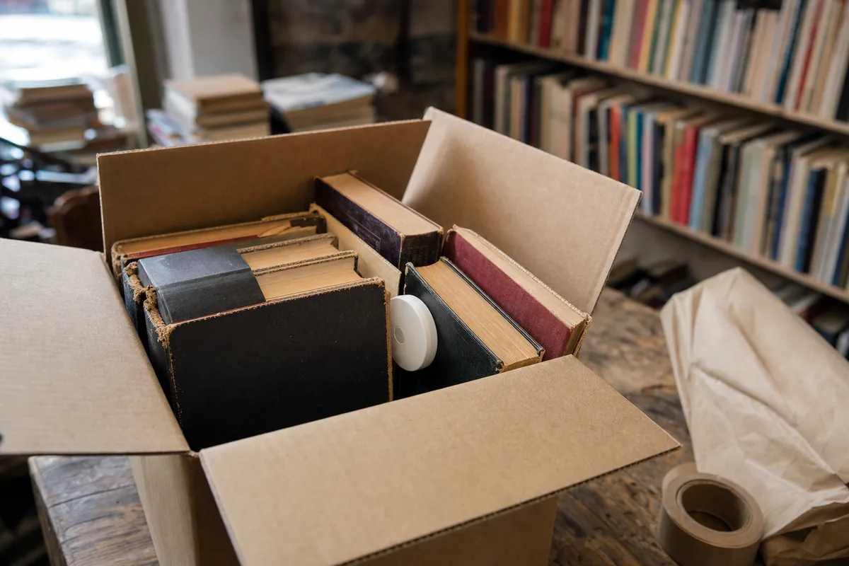 Scatola di spedizione aperta con libri usati e un piccolo dispositivo di tracciamento bianco nascosto tra i volumi