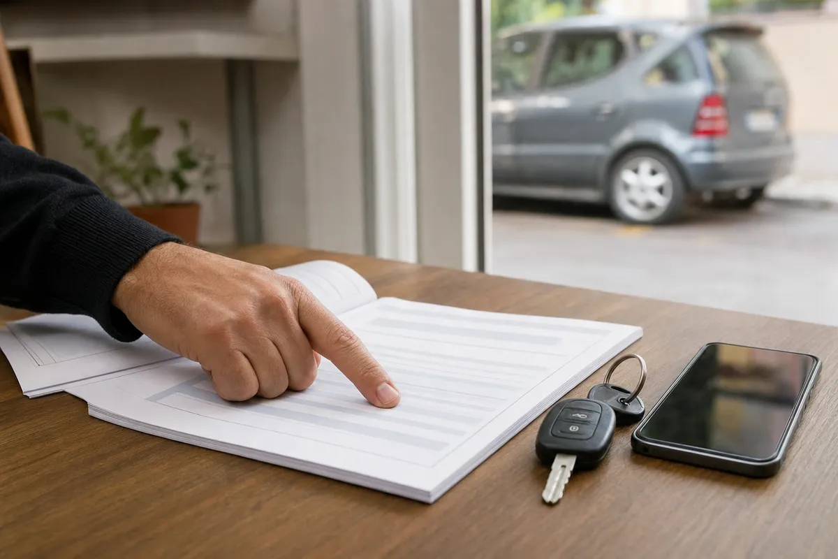 Mano che indica un documento sul tavolo con chiavi dell’auto e smartphone, con un’auto sfocata sullo sfondo