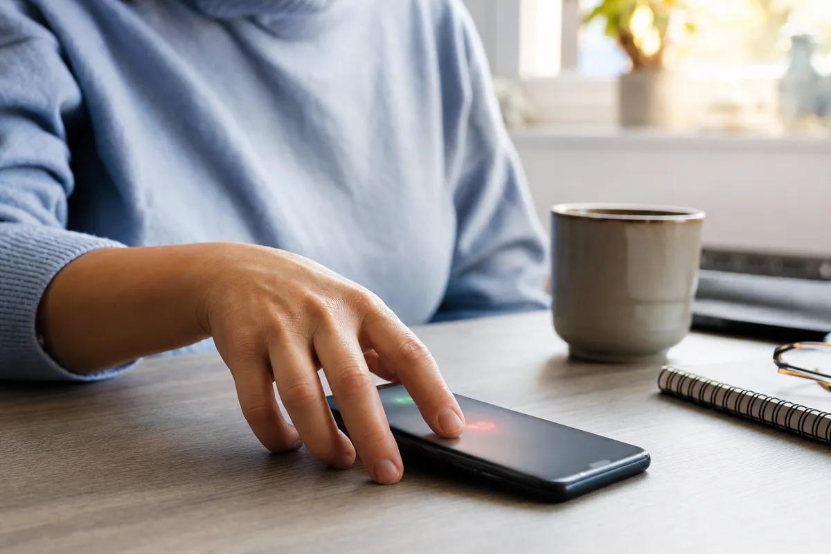 Mano che silenzia uno smartphone su una scrivania con tazza di caffè e taccuino vicino alla finestra