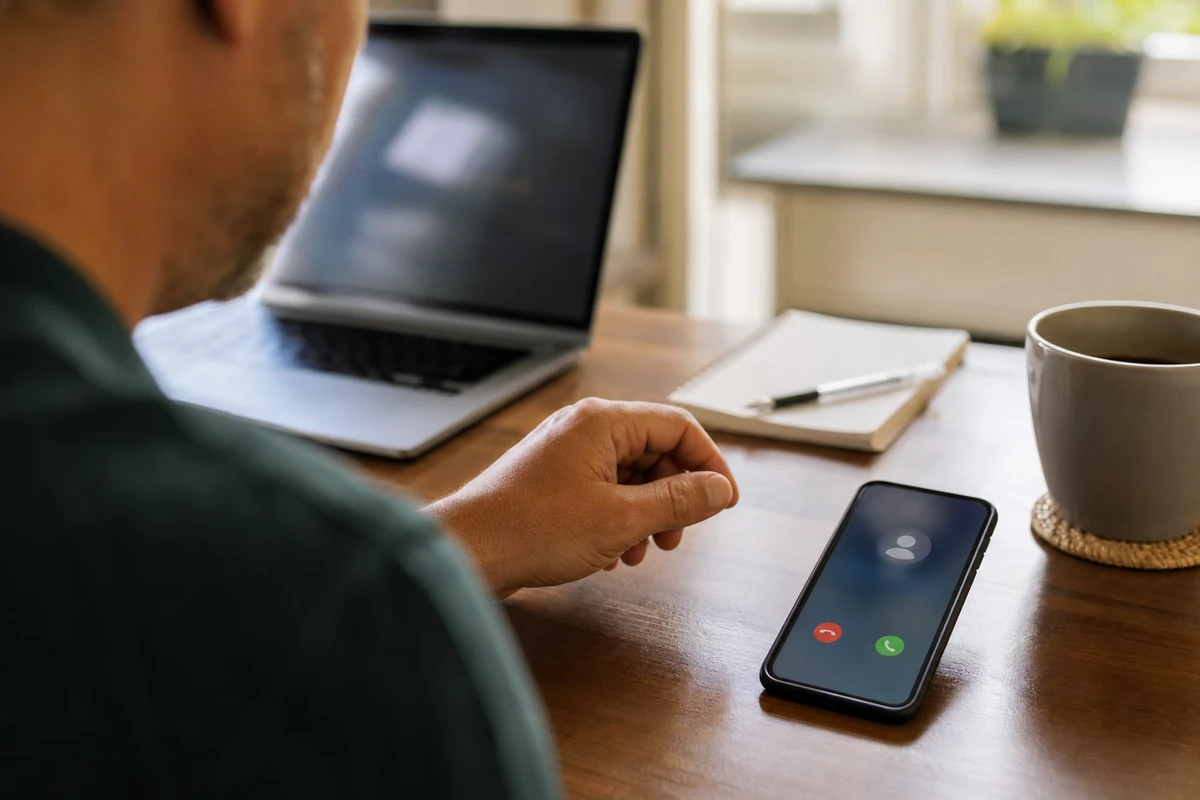 Smartphone che squilla sul tavolo con mano esitante vicino, laptop sfocato, taccuino e tazza di caffè