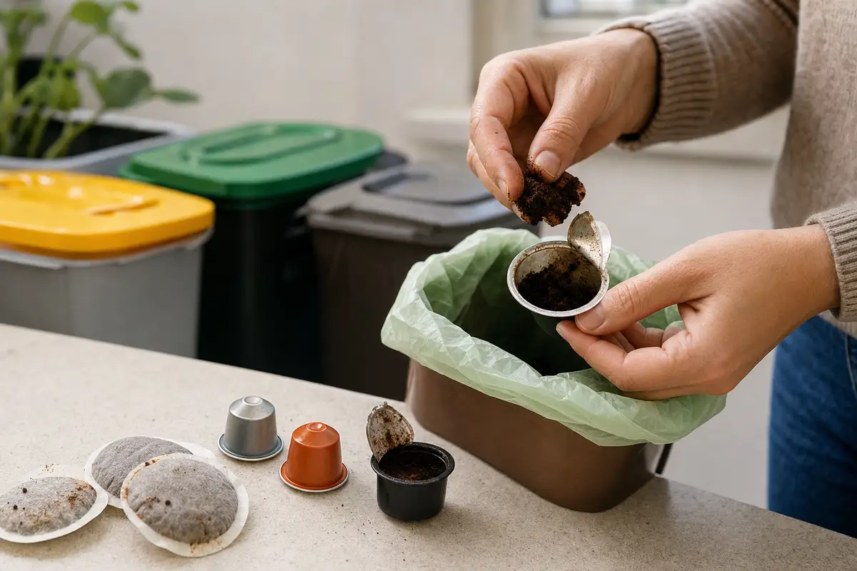 Mani che svuotano i fondi di caffè da una capsula usata nel bidoncino dell’organico, con bidoni sullo sfondo