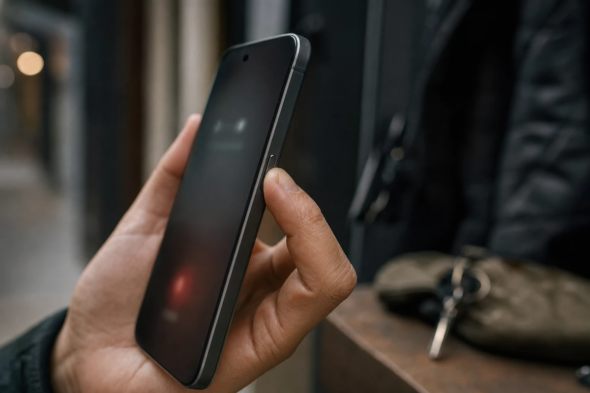 Primo piano di una mano che preme il tasto laterale di uno smartphone, con chiavi sfocate sullo sfondo