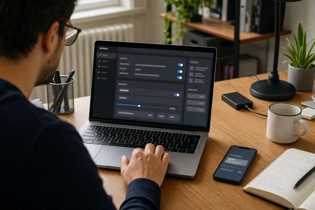Persona al computer in home office con schermata di impostazioni a interruttori sul laptop e smartphone sul tavolo