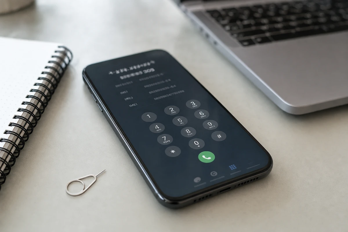 Smartphone sul tavolo con tastierino telefonico e schermata tecnica sfocata, accanto a blocco note, graffetta SIM e laptop
