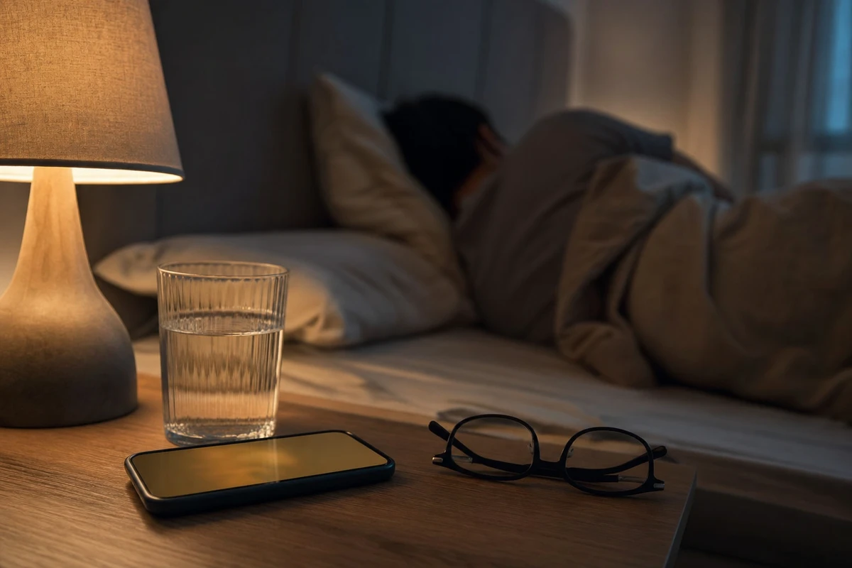 Smartphone con schermo caldo sul comodino accanto a bicchiere d’acqua e occhiali, con persona a letto sullo sfondo
