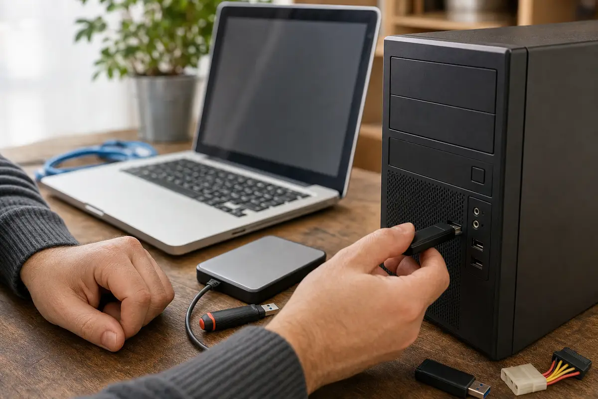 Mani che inseriscono una chiavetta USB in un vecchio PC desktop, con portatile e disco esterno sul tavolo