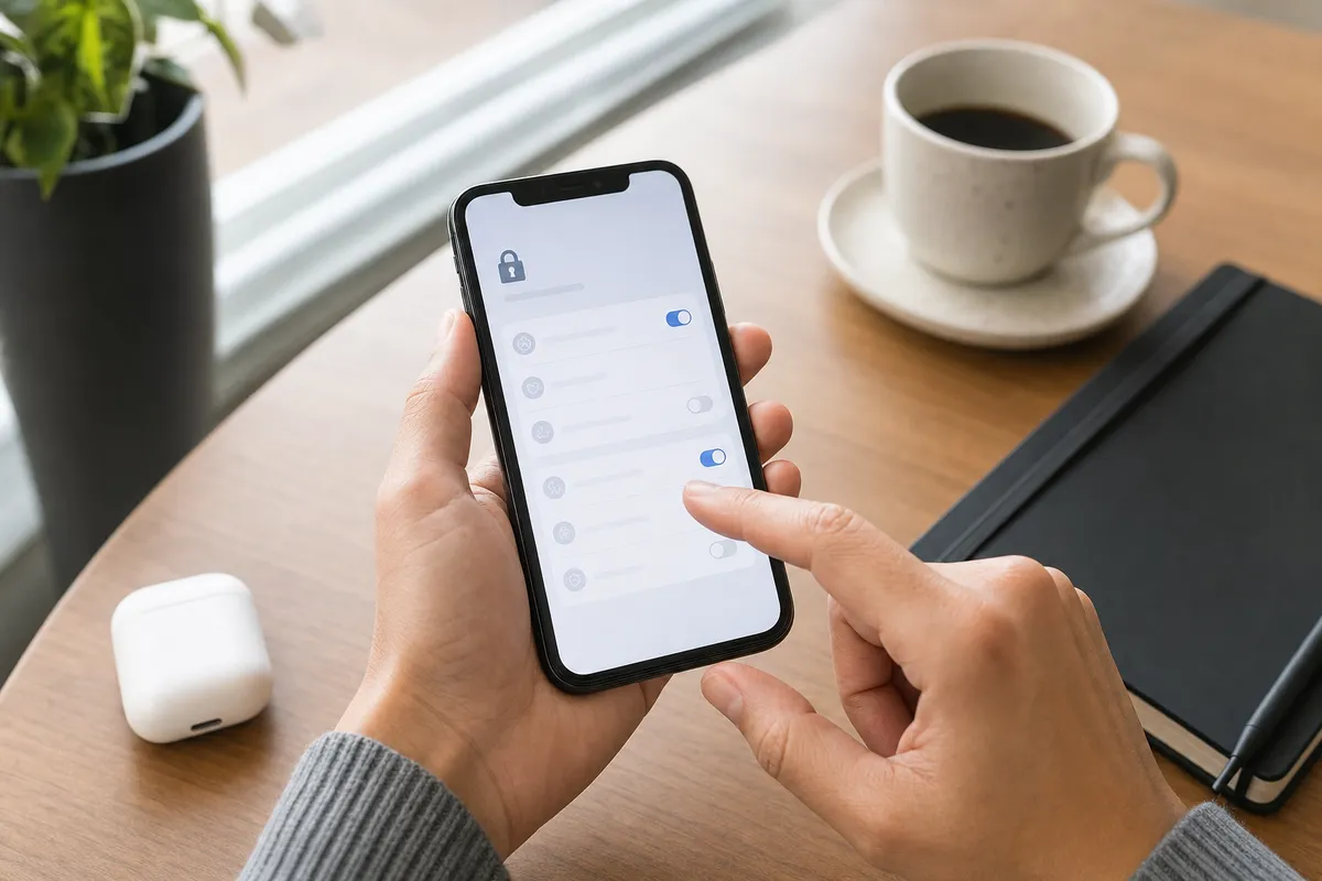 Mani che regolano impostazioni privacy su smartphone, su scrivania con tazza di caffè, quaderno e auricolari