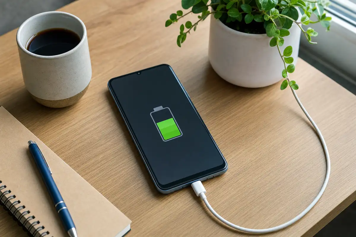 Smartphone in carica su scrivania in legno con icona batteria, tazza di caffè, quaderno, penna e pianta