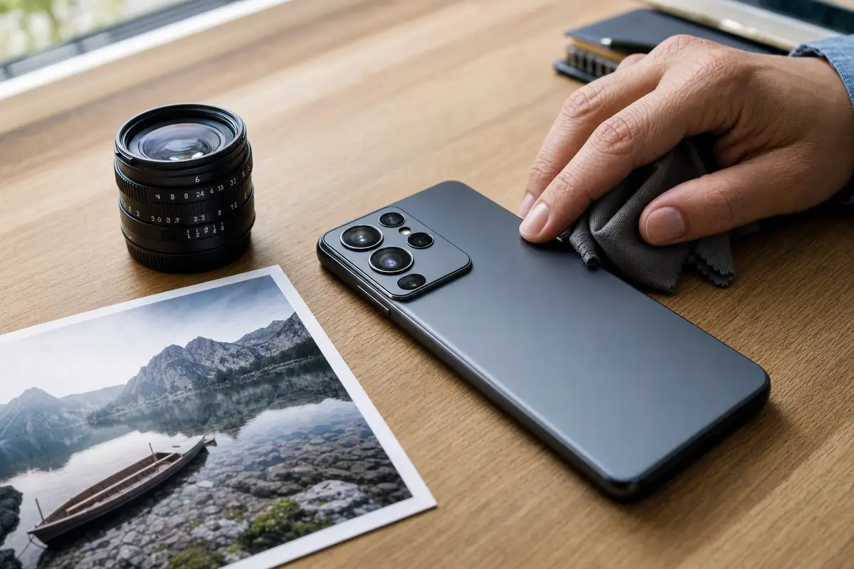 Smartphone con modulo fotocamera posteriore su scrivania, accanto a un obiettivo e a una foto stampata, con mano e panno