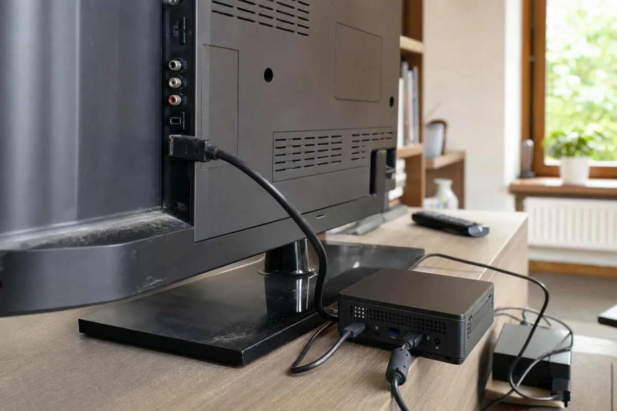 Mini PC collegato via HDMI al retro di una TV a schermo piatto su mobile, in soggiorno