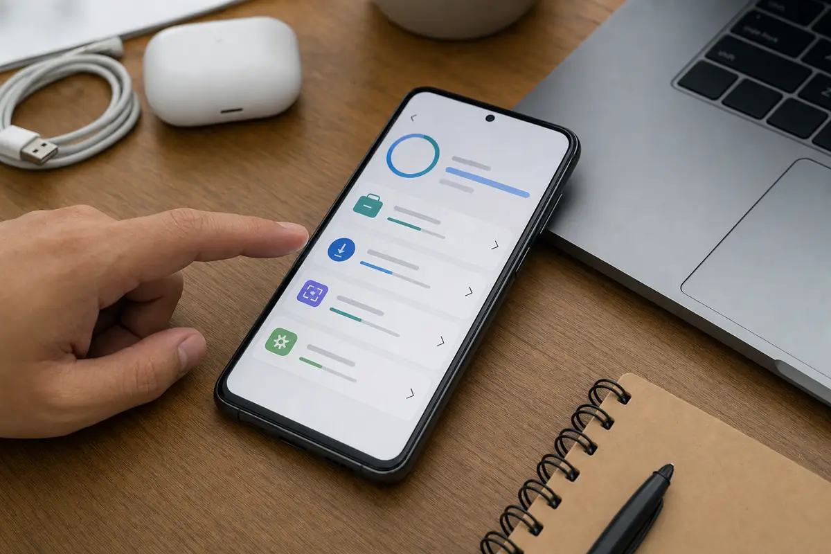 Smartphone su scrivania con schermata di gestione archiviazione, dito pronto a toccare, laptop e accessori